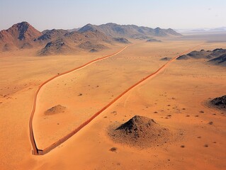 A desert landscape with a long wall of red rocks. The wall is long and narrow, and it is a border or a boundary. The desert is vast and empty, with no signs of life or vegetation - Powered by Adobe