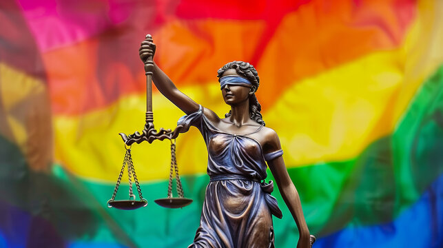 The blindfolded goddess of justice Themis against the rainbow flag of LGBT. LGBT rights and law. Stock Photo photography
