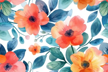 Vibrant Watercolor Floral Pattern with Colorful Blooms and Foliage