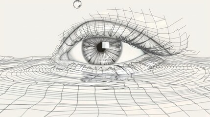 futuristic wireframe eyes. Drop of water symbolizes moisturizing liquid for the eyes. - obrazy, fototapety, plakaty