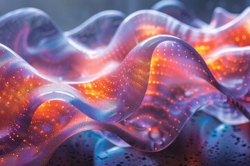 Obraz premium Mesmerizing digital art of a seamless wave pattern with red sparkling highlights on a deep blue background