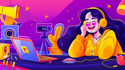 Naklejka premium Smiling podcaster creating content with professional tools