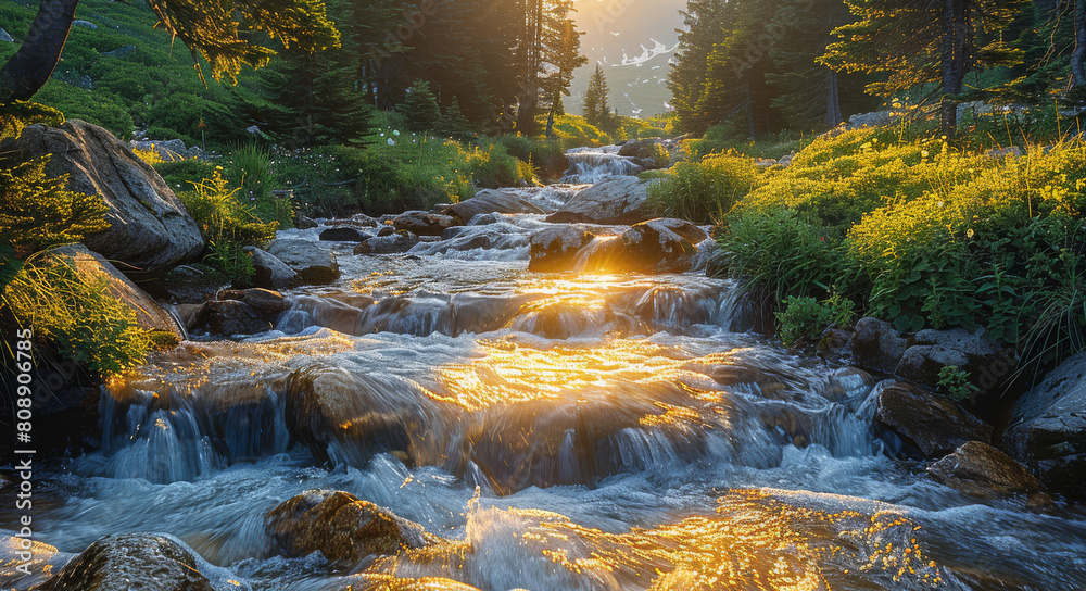 Poster Flowing streams in the mountains. Generative AI.