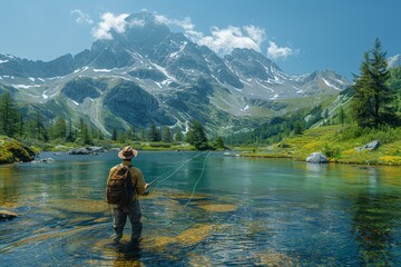 Amidst lush grass and under a vivid blue sky, a fisherman enjoys the peacefulness of fishing in a mountainous landscape river