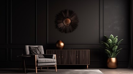 Modern luxury living room interior background, living room interior mockup, interior with black walls, dark interior of living room with black wall, chair, and wooden console.