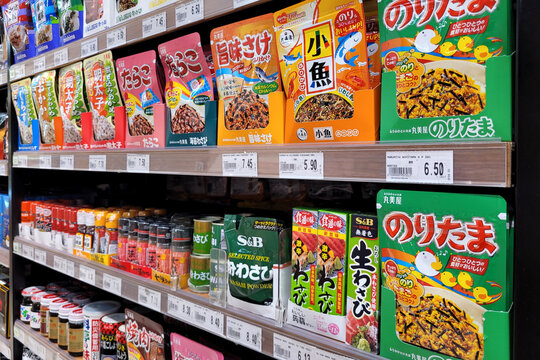 Kuala Lumpur, Malaysia - 16 EB 2024: Jaya Grocer store in Penang showcases a variety of Japan-imported instant foods, furikake seasoning and snacks on its display shelves. 