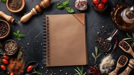 Decorated composition of recipe book and ingredients on wooden background