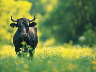 A bull is standing in a field of grass