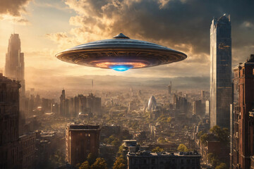 Alien flying saucer over big evening city. UFO kidnapping. Alien abduction concept. Painted picture. Generative AI. - 808907153