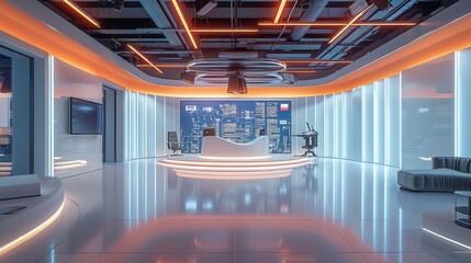 Broadcast production studio, bright ambience, broadcast-cameras, newsroom led wall. Generative AI.
