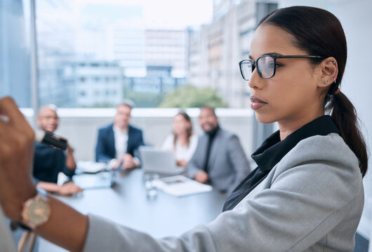 Business people, woman and presentation with financial advisor, thinking and corporate professional. Group, staff and employee with ideas, cooperation and teamwork with training for ethics and policy