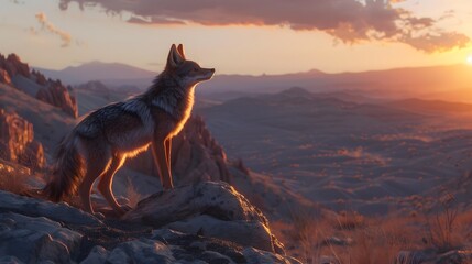 8K wallpaper of a coyote howling at dusk on a rocky ridge, with the surrounding desert bathed in warm twilight colors.
