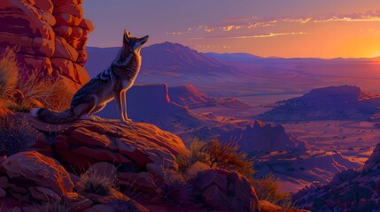 8K wallpaper of a coyote howling at dusk on a rocky ridge, with the surrounding desert bathed in...
