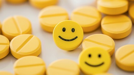 A smiley face pills, A mental health medication with copy space