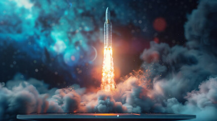 launching space rocket from laptop screen, isolated, white background