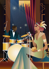 Jazz musicians and singer on a universal background. Double bass, saxophone, drum. Musicians play musical instruments