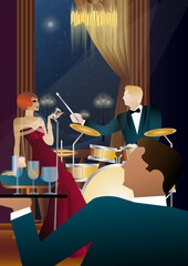 Jazz musicians and singer on a universal background. Double bass, saxophone, drum. Musicians play musical instruments