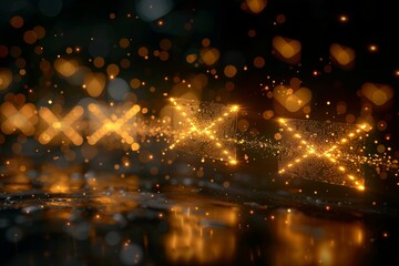 Digital illustration of sparkling golden envelopes flying among glowing particles on a dark backdrop
