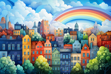 Rainbow urban landscape flat design top view city life theme cartoon drawing Monochromatic Color Scheme