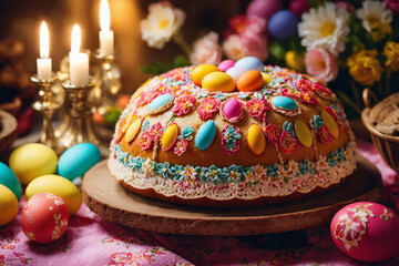 Easter cake in plate on decorated table with colorful holiday eggs, natural flowers and burning wax candles. - 808907945
