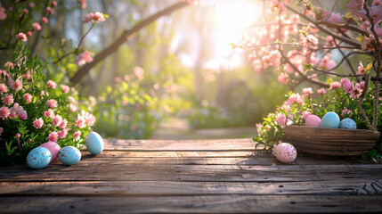 wooden table, easter background, spring