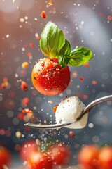 Mozzarella Cheese and Cherry Tomato on Fork with Basil and Vibrant Sauce Splashes