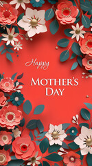 Paper flowers decorated red background with Happy Mother's Day text, vertical holiday poster 