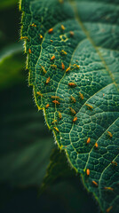 Photo realistic close up of a leaf reveals a miniature world teeming with insects showcasing the complexity of nature.