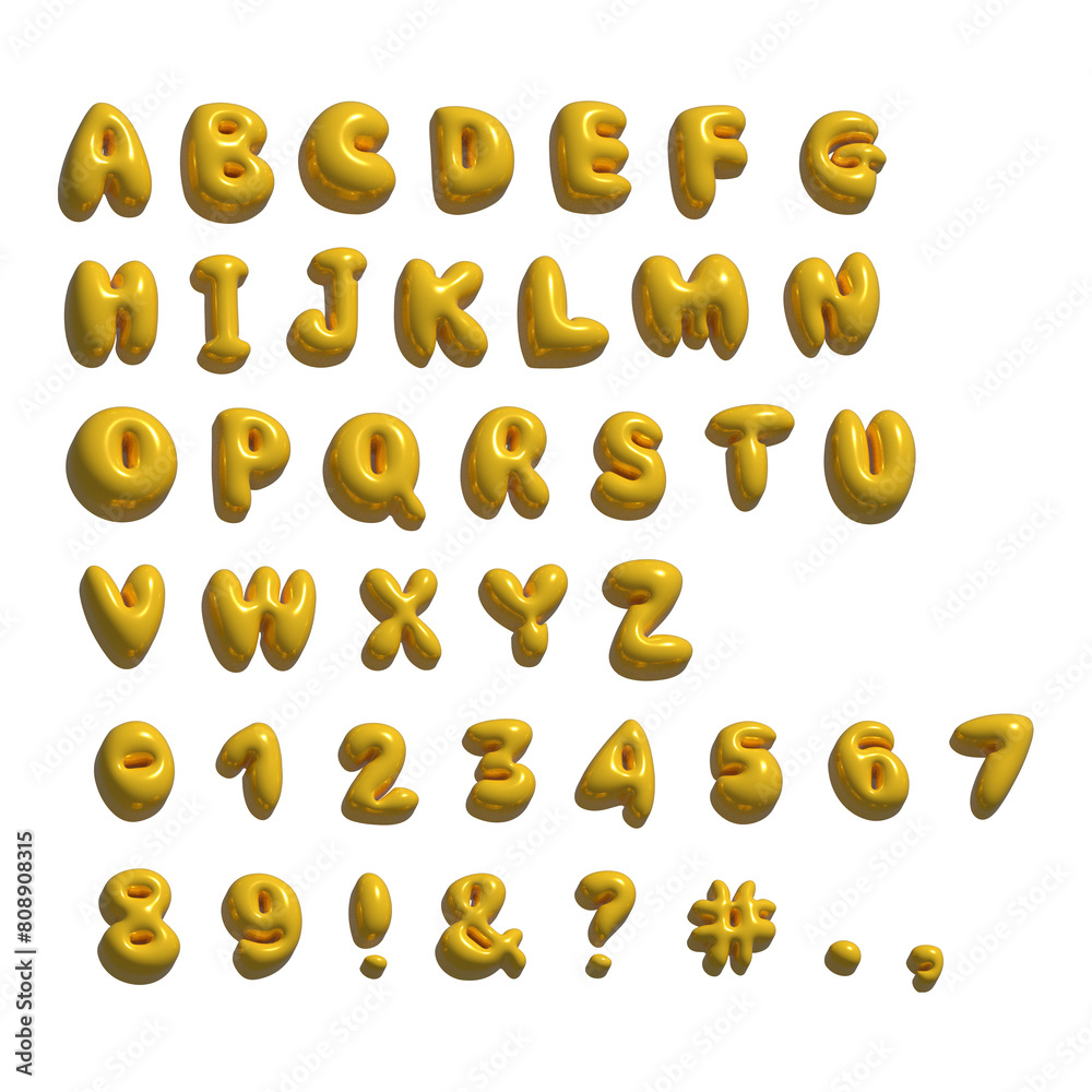 Fototapete 3D yellow Bubble Typeface Design. Trendy y2k font with glossy metallic effect. Set includes Alphabet, Numbers, Punctuation Marks. Raster render illustration.