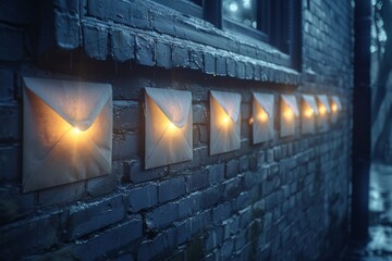 Artistic and atmospheric image showing a row of lighted envelopes against a brick wall, symbolizing...
