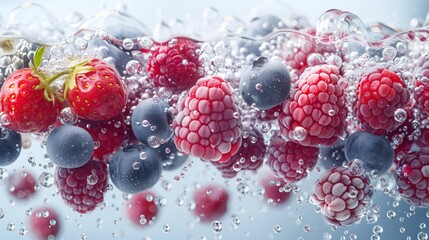 Vibrant raspberries and blueberries are submerged in water, surrounded by cascading bubbles, creating a mesmerizing display of color and movement