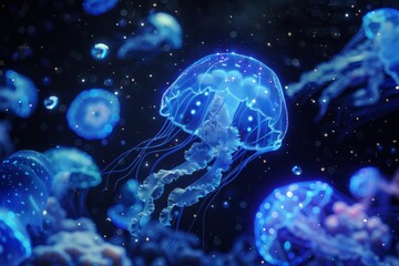 A fascinating bioluminescent deep-sea scene, with glowing jellyfish and fish, leaving dark water