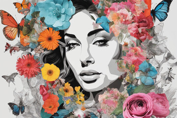 Contemporary art collage. Beautiful young girl girl in a hat made of flowers. Modern artwork.