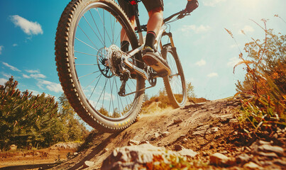 Fototapeta premium Bottom-up view of cyclist jumping over hilly obstacles in race track