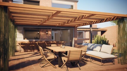 Fototapeta premium Modern patio furniture include a pergola shade structure, an awning, a patio roof, a dining table, seats, and a metal grill.