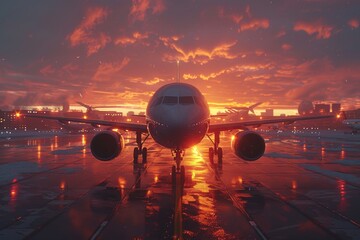 A majestic airplane stands on the reflective wet tarmac with a blazing sky above at dusk, signaling the beauty of air travel and the technology of aviation