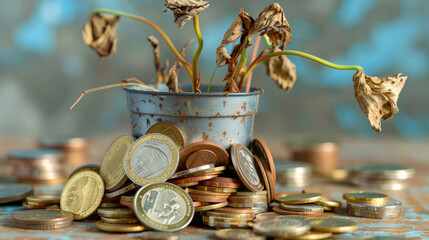 Conceptual image of a wilted plant in a pot full of coins, indicating economic downturn and the impact of financial crisis on growth and investment