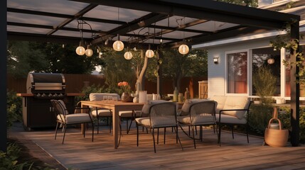 Modern patio furniture include a pergola shade structure, an awning, a patio roof, a dining table, seats, and a metal grill.