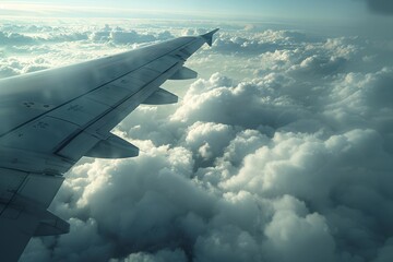 Fototapeta premium This image features an airplane wing soaring above a dense blanket of clouds, illustrating the tranquility and isolation of high-altitude travel