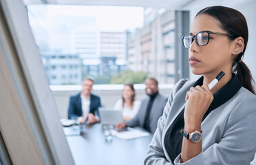 Business people, woman or presentation with thinking, feedback or corporate professional. Group,...