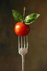 Fresh Tomato and Basil on Fork against Dark Background