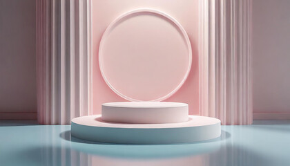 Background podium 3D product display stand platform abstract pastel light. Stage podium 3D background cream studio minimal scene wall pink white shadow room render blue empty floor luxury circle.