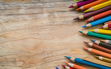 photo of a light-colored desk seen from above, with scattered colored pencils on it