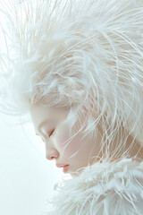 A red-haired albino girl in feathers. The concept of unusual beauty