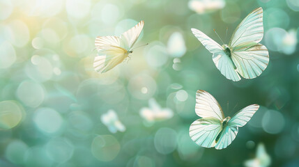 White butterflies flying in the air against a light green background with a blurred effect