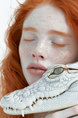 Charismatic albino girl with red hair and a white crocodile