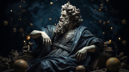 Philosopher immersed in intricate cosmos model with celestial spheres