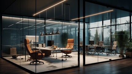 Office space with a glass wall partition.