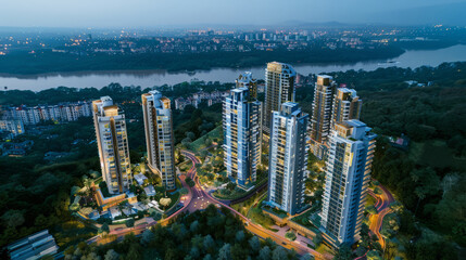Fototapeta premium Luxury high-rise apartments in a vibrant cityscape at dusk