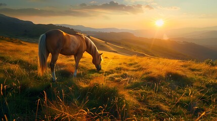 8K wallpaper of a horse grazing on a grassy hillside at sunrise, with a gentle breeze moving through the tall grass and distant hills in the background